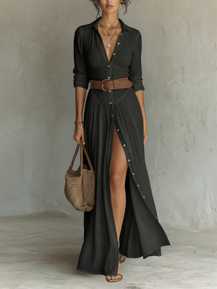 Elowira Linen Lapel Maxi Dress