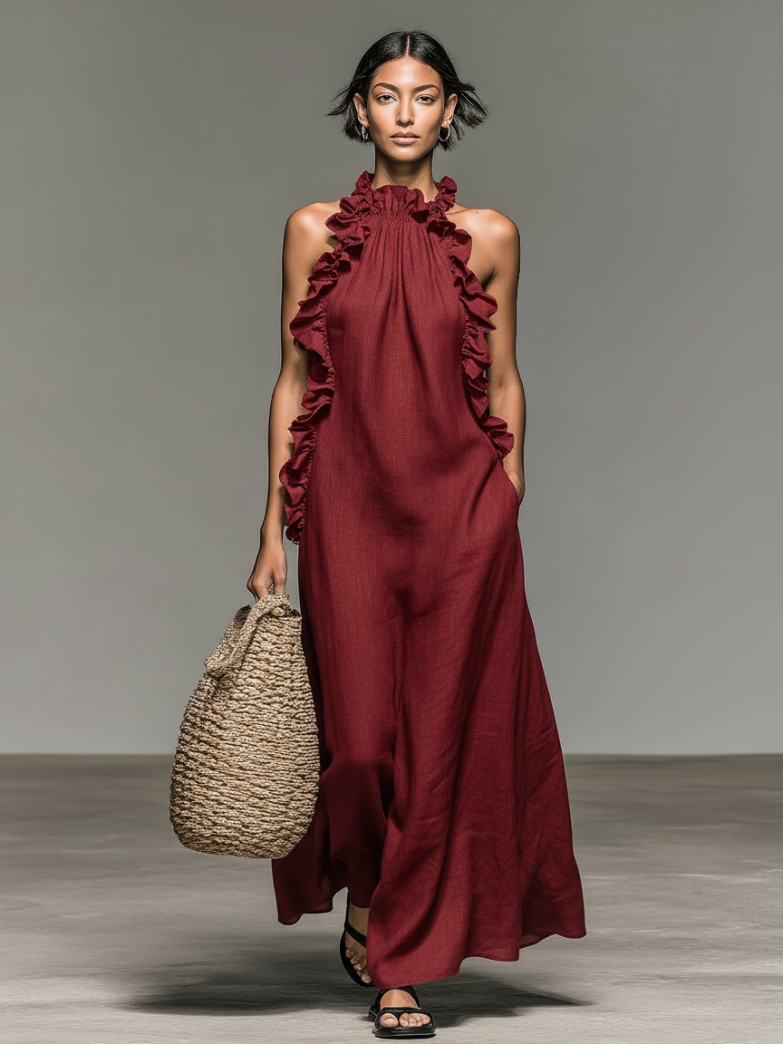 Elara Linen Blend Ruffle Maxi Dress