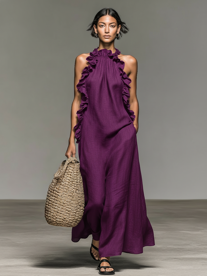 Elara Linen Blend Ruffle Maxi Dress