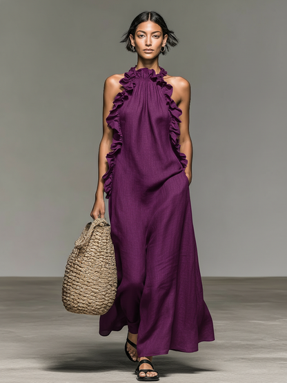 Elara Linen Blend Ruffle Maxi Dress