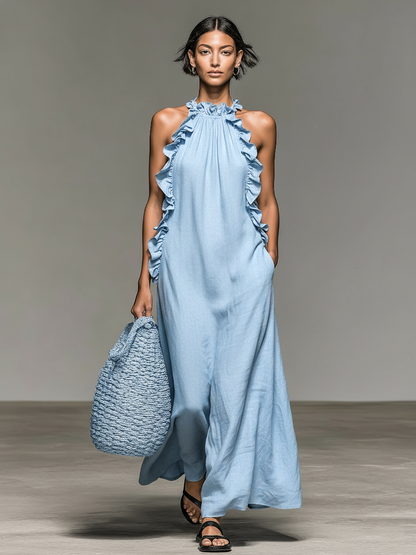 Elara Linen Blend Ruffle Maxi Dress