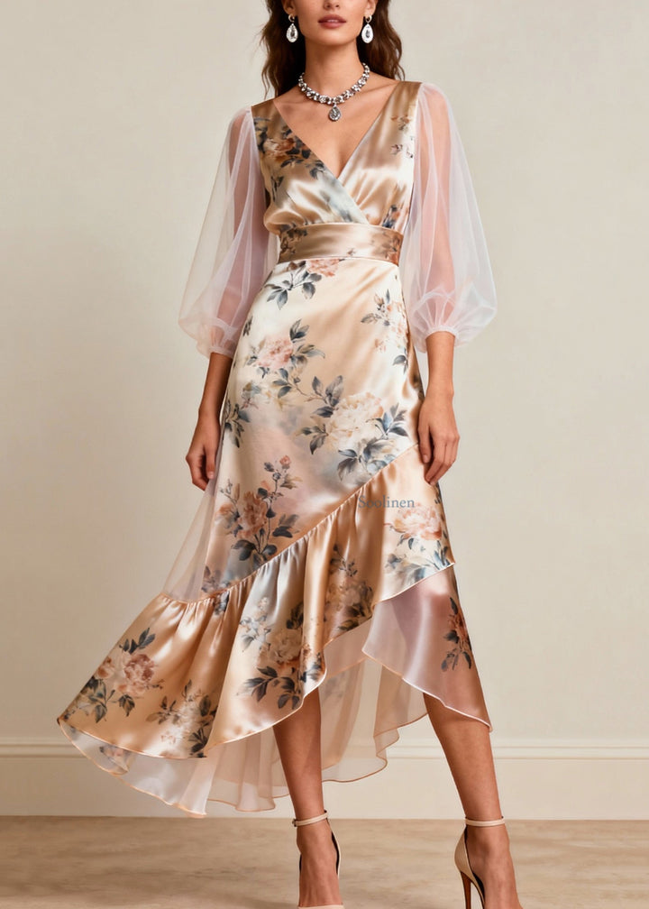 Elowen V-Neck Tulle Patchwork Silk Dress