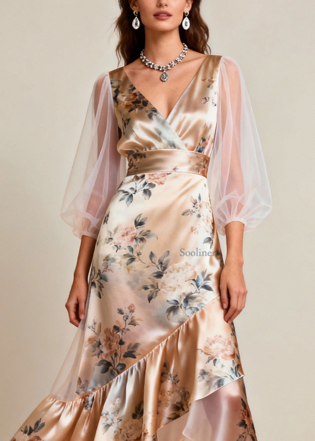 Elowen V-Neck Tulle Patchwork Silk Dress