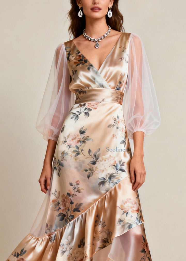 Elowen V-Neck Tulle Patchwork Silk Dress