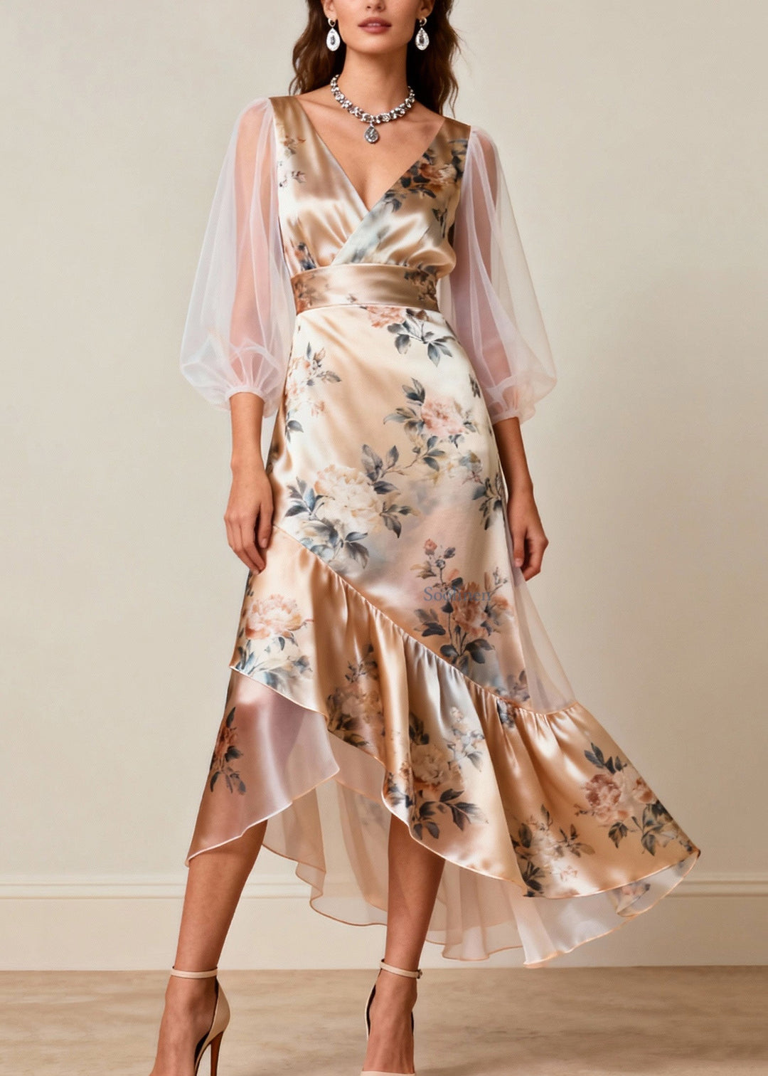Elowen V-Neck Tulle Patchwork Silk Dress