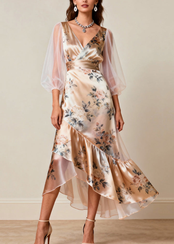 Elowen V-Neck Tulle Patchwork Silk Dress