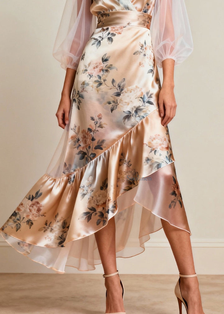 Elowen V-Neck Tulle Patchwork Silk Dress