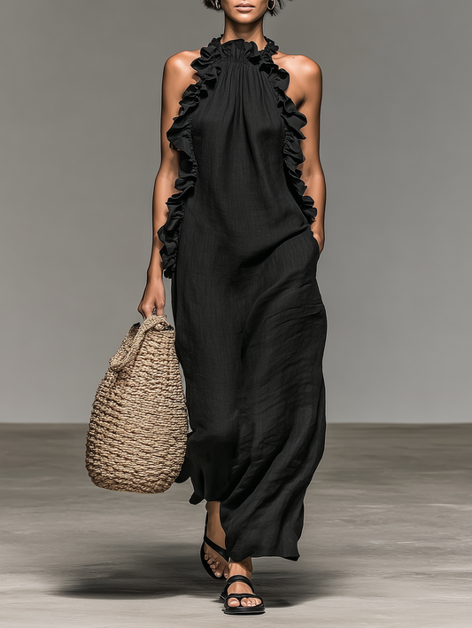 Elara Linen Blend Ruffle Maxi Dress