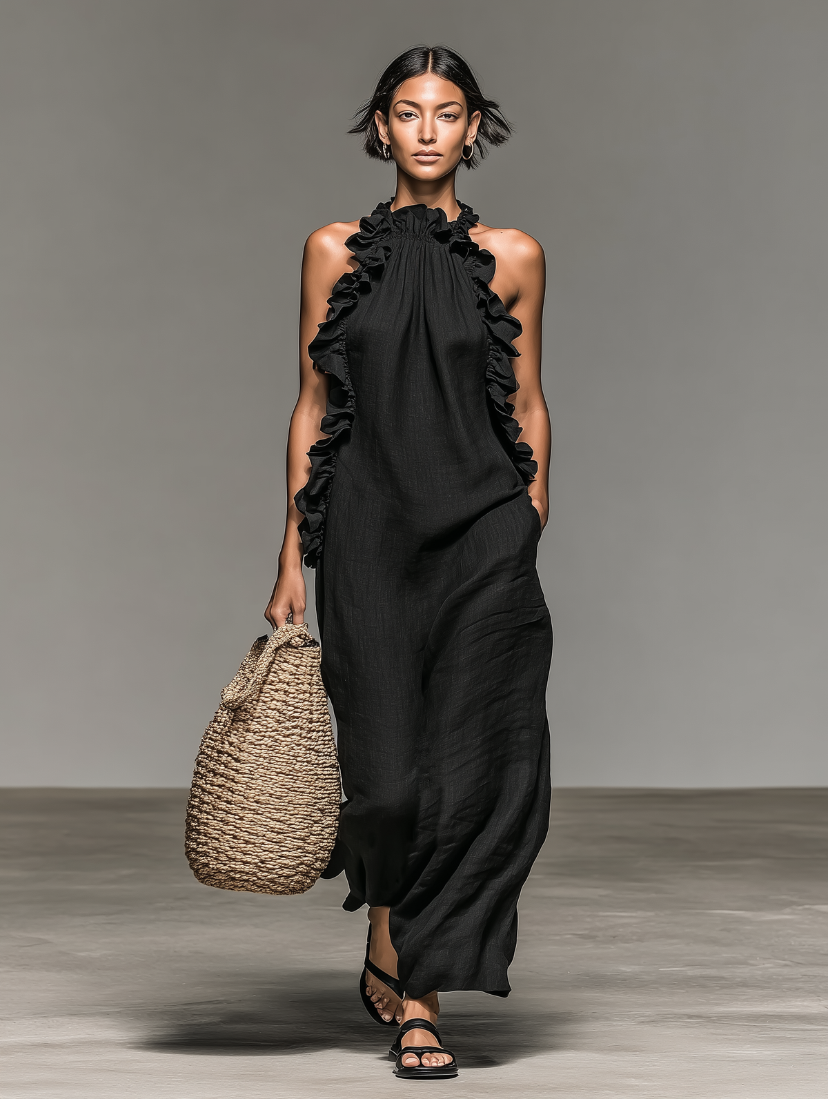 Elara Linen Blend Ruffle Maxi Dress