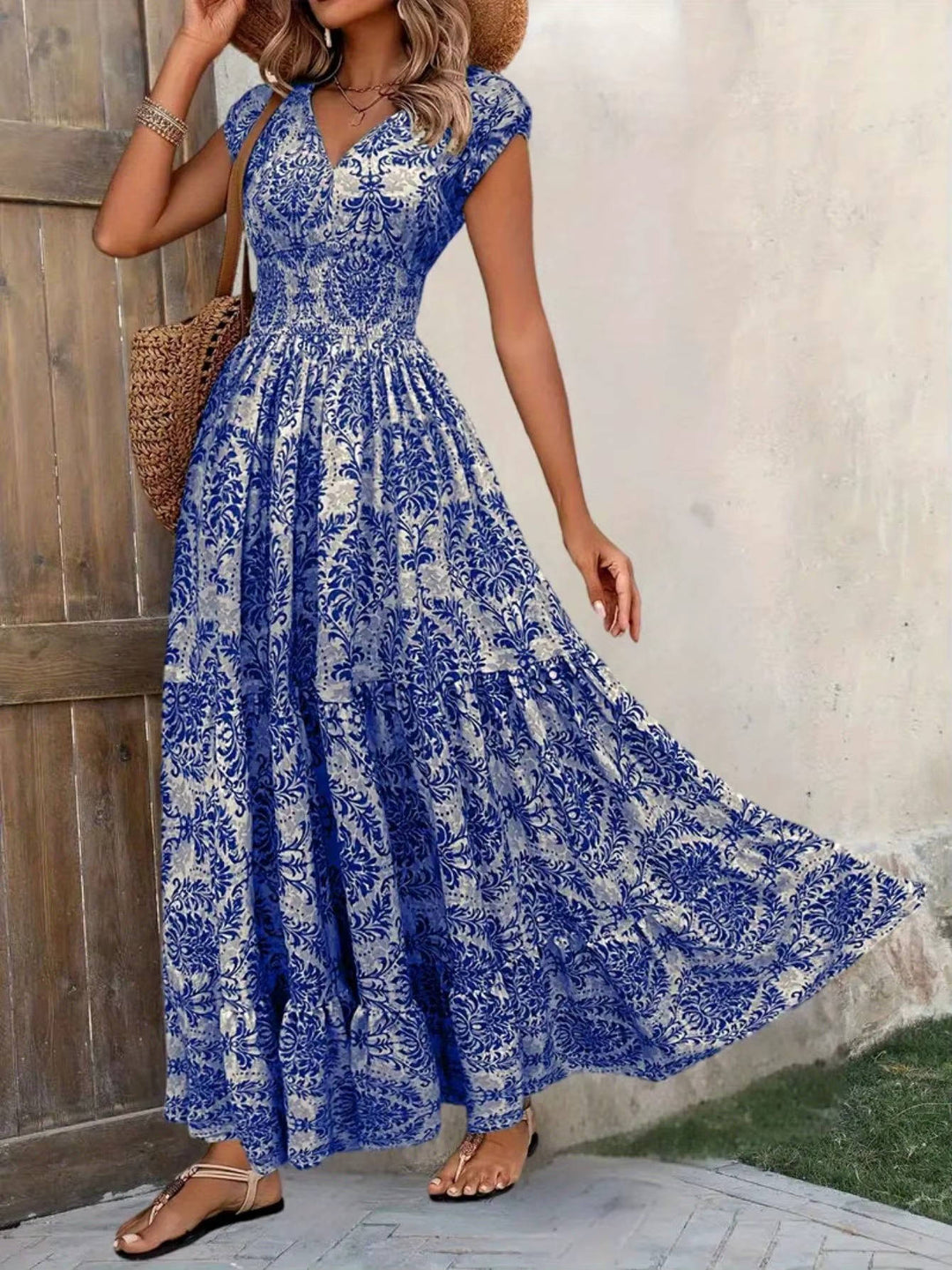 Elowyn Smocked V-Neck Tiered Maxi Dress