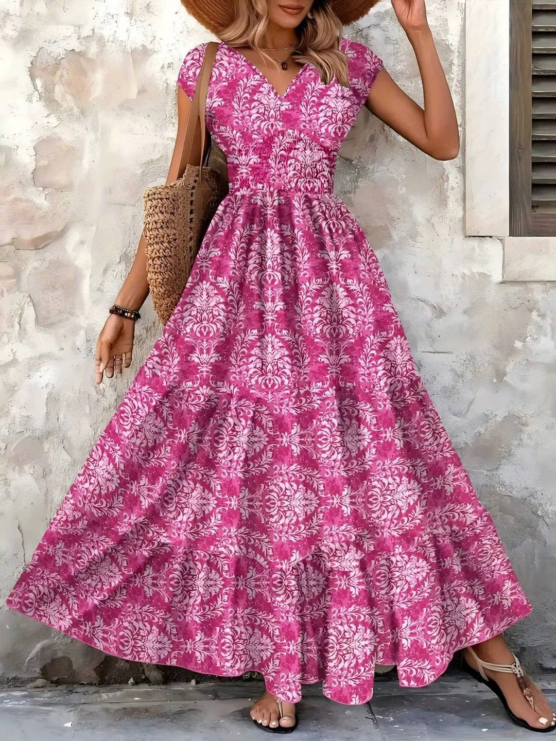 Elowyn Smocked V-Neck Tiered Maxi Dress