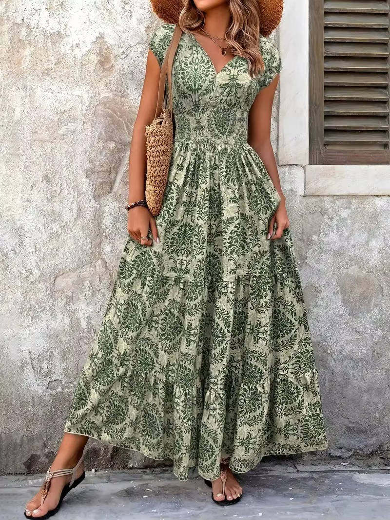 Elowyn Smocked V-Neck Tiered Maxi Dress