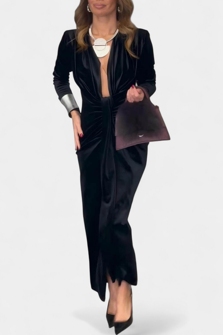 Aurelia Gold Velvet Maxi Dress with V-Neck