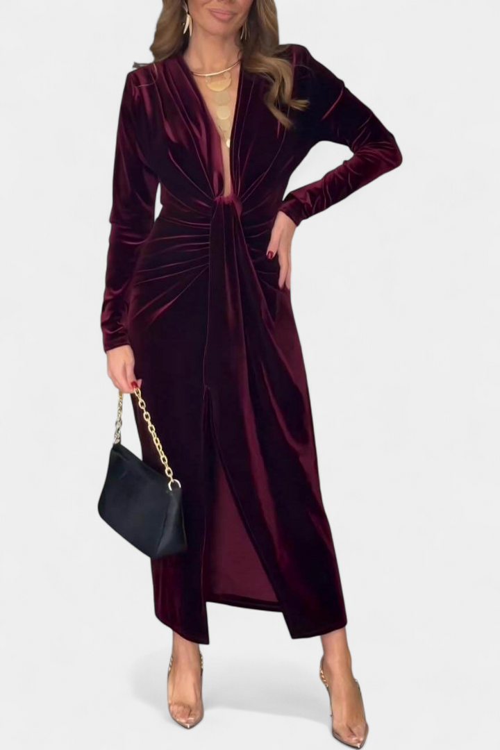 Aurelia Gold Velvet Maxi Dress with V-Neck