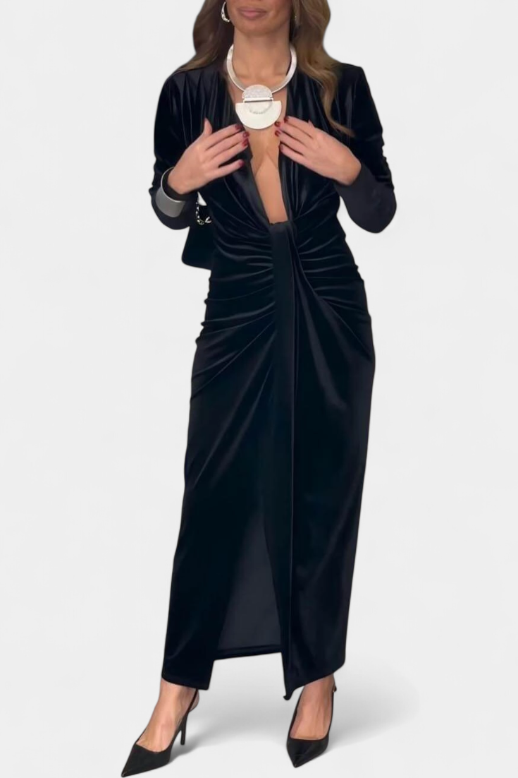 Aurelia Gold Velvet Maxi Dress with V-Neck
