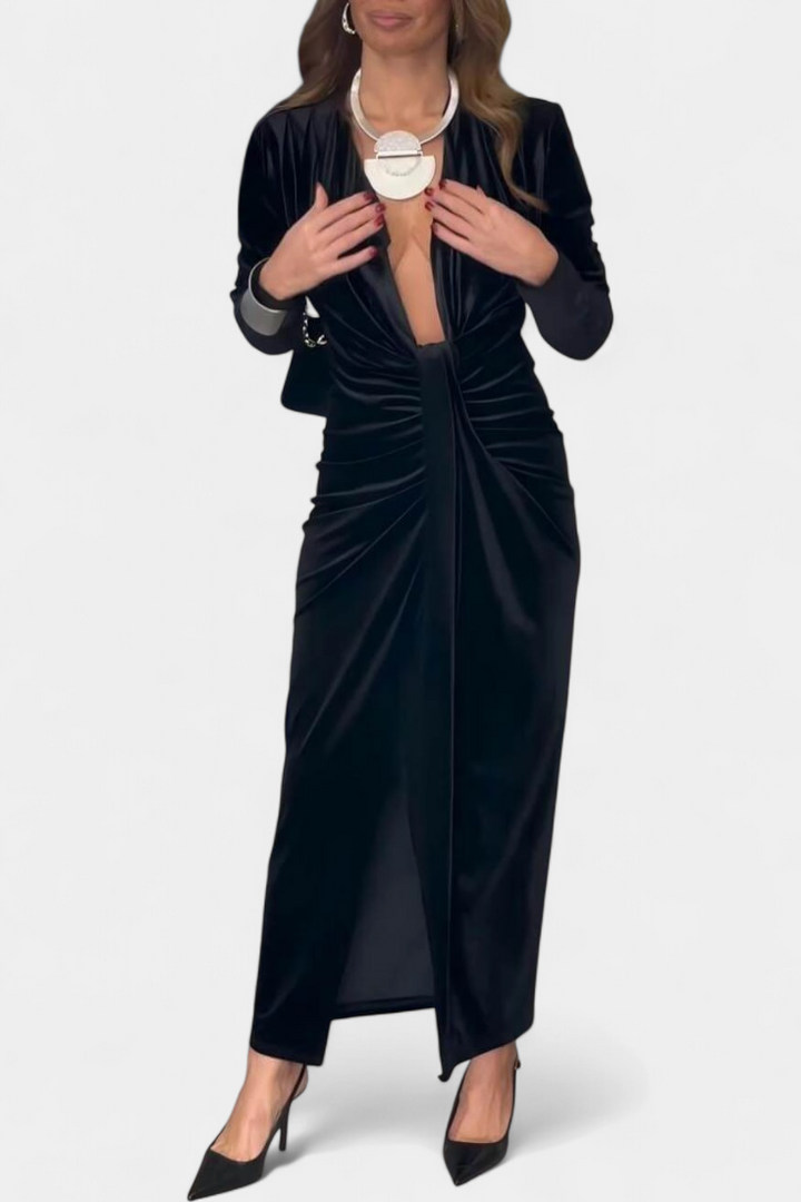 Aurelia Gold Velvet Maxi Dress with V-Neck