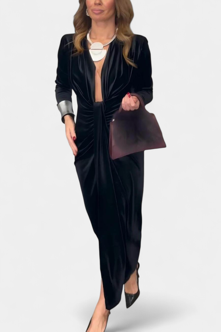 Aurelia Gold Velvet Maxi Dress with V-Neck