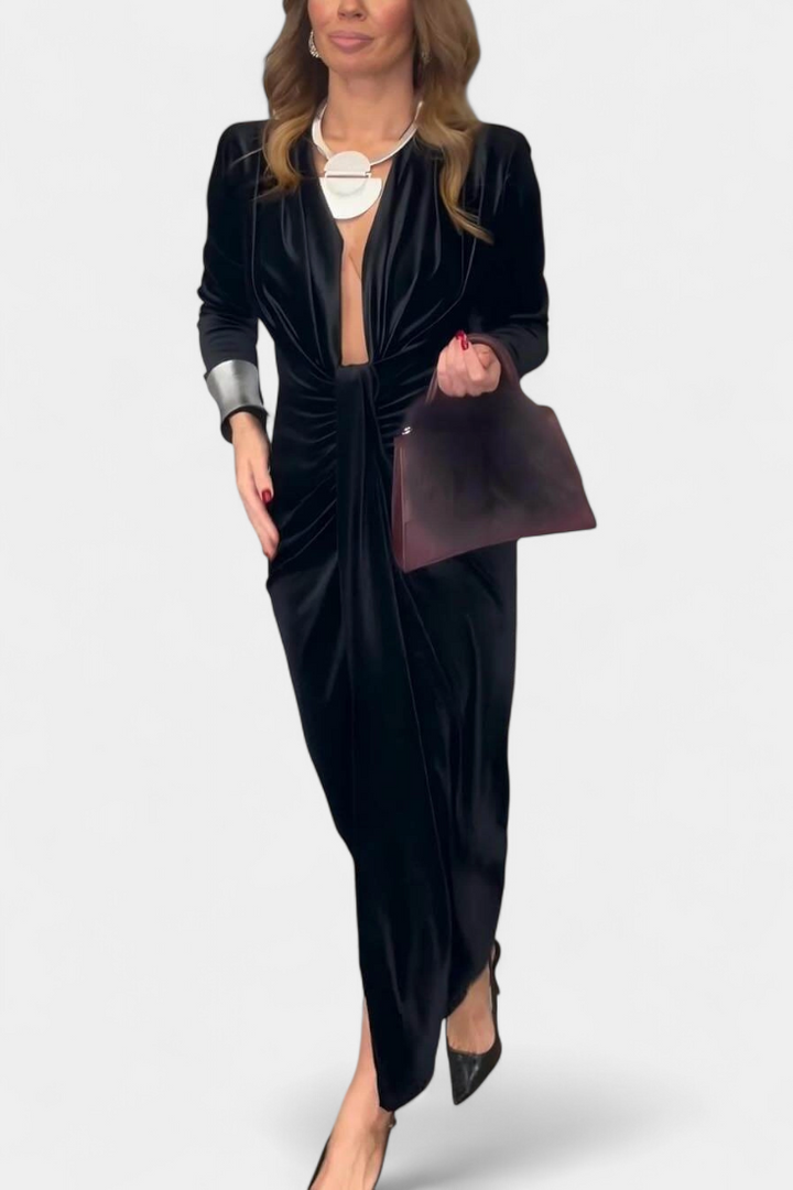 Aurelia Gold Velvet Maxi Dress with V-Neck