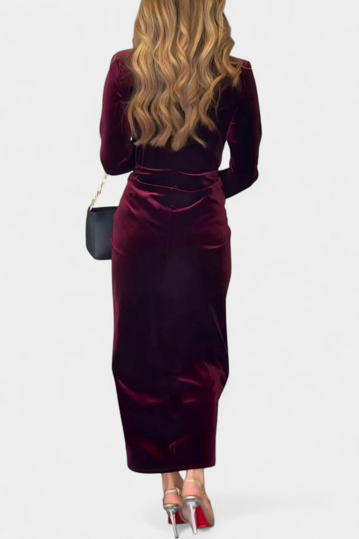 Aurelia Gold Velvet Maxi Dress with V-Neck