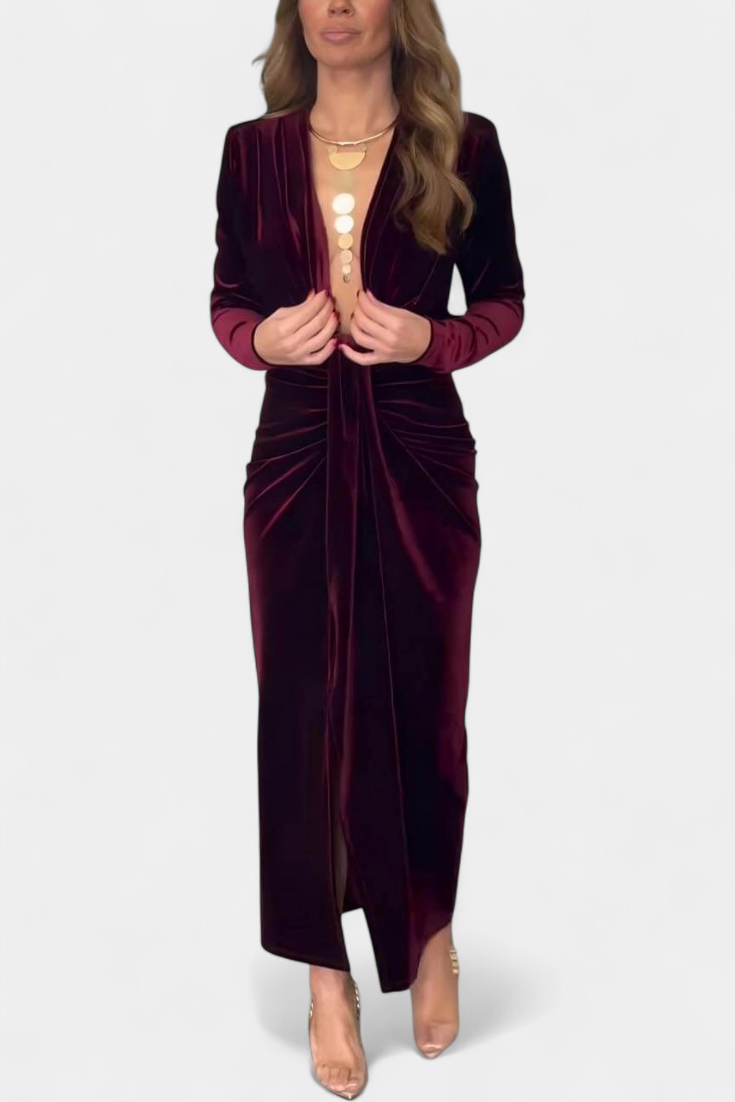 Aurelia Gold Velvet Maxi Dress with V-Neck