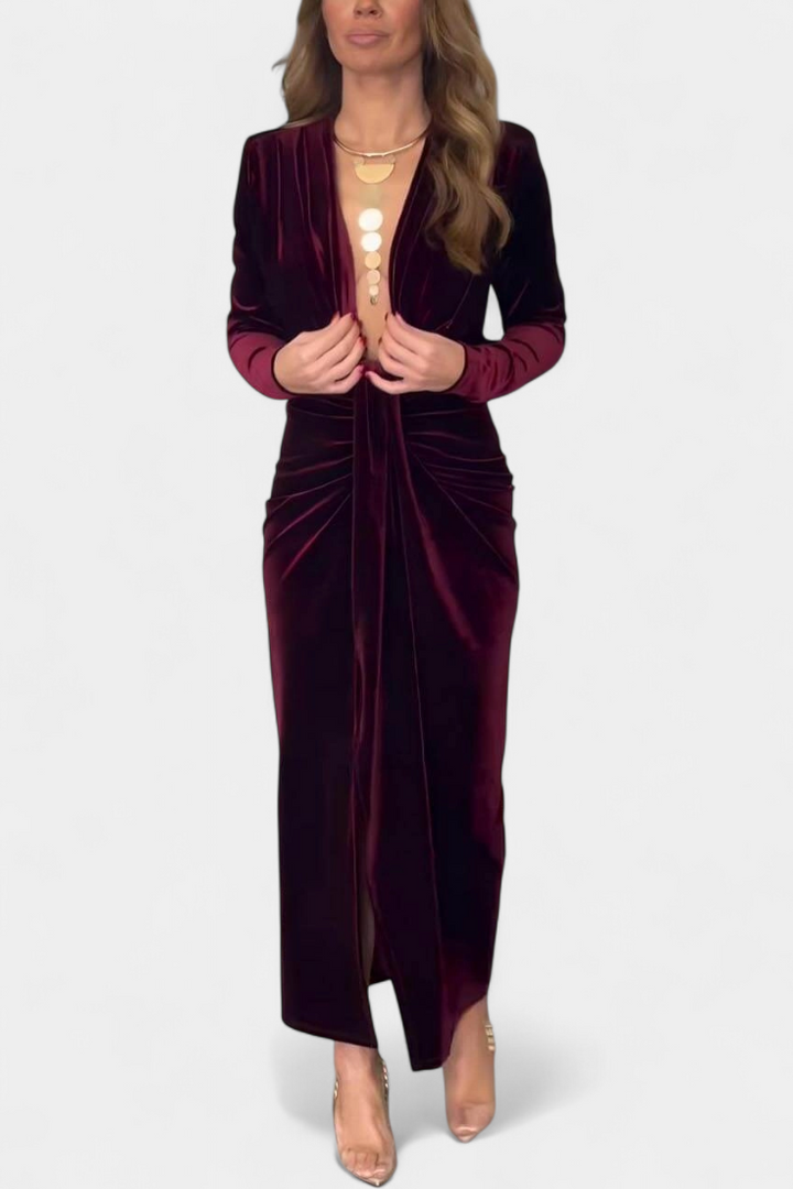Aurelia Gold Velvet Maxi Dress with V-Neck