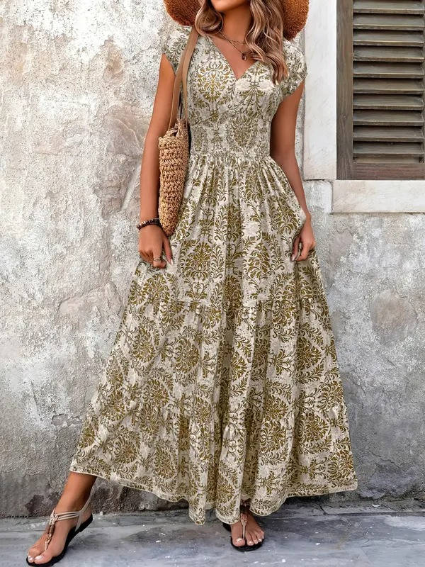 Elowyn Smocked V-Neck Tiered Maxi Dress
