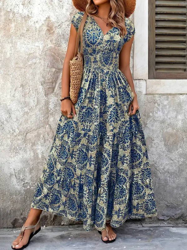 Elowyn Smocked V-Neck Tiered Maxi Dress