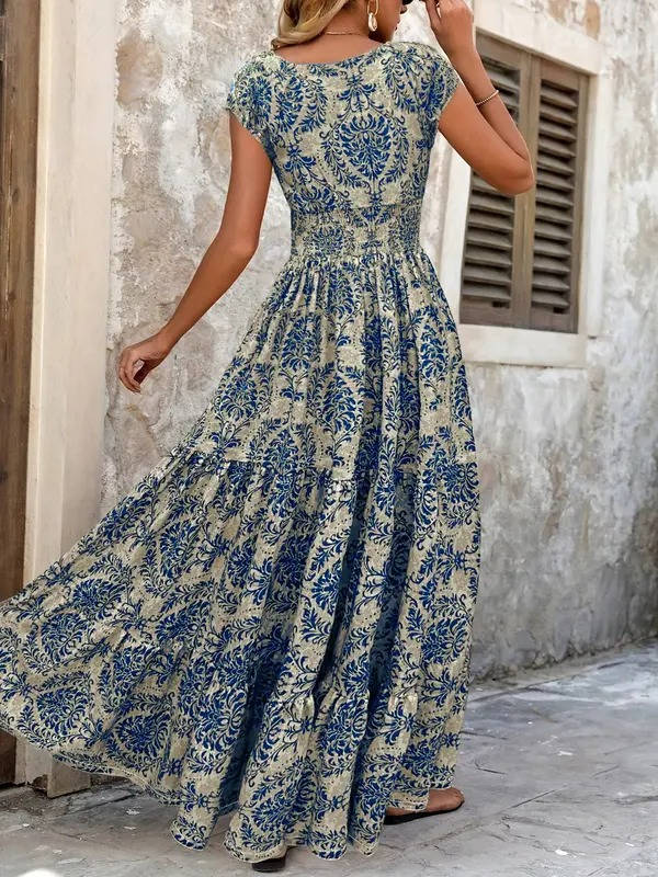 Elowyn Smocked V-Neck Tiered Maxi Dress