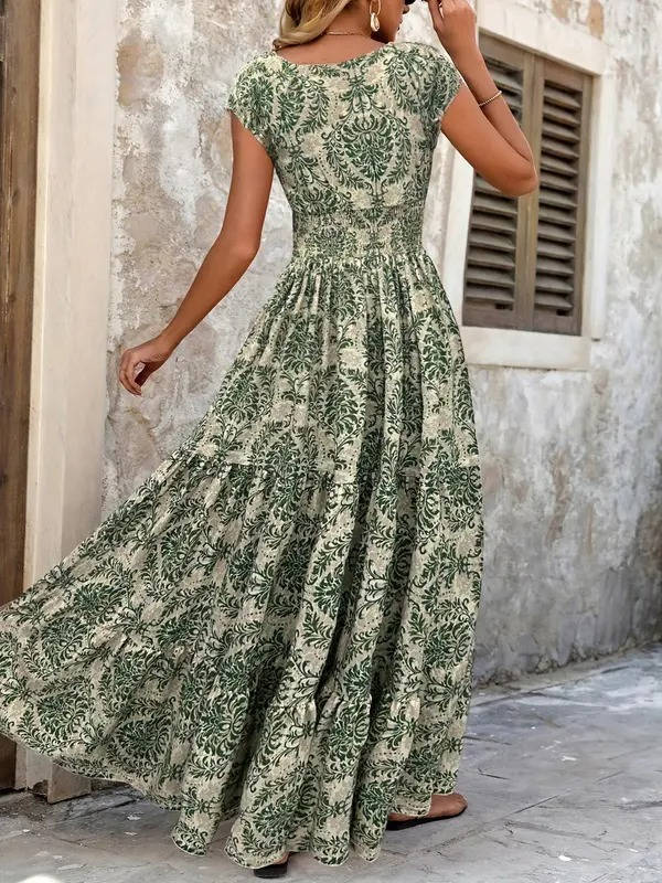 Elowyn Smocked V-Neck Tiered Maxi Dress